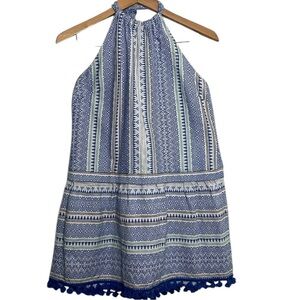 Saylor Blue Striped Tassel Halter Mini Dress Women Size L